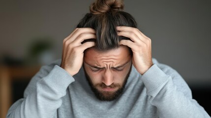 Stressed man with head in hands, looking down.