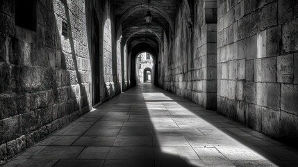 Obraz premium Dramatic shadows play along stone arches in a grayscale medieval passage