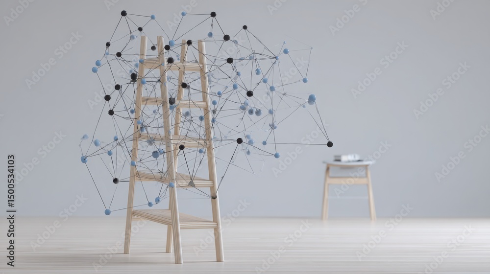 Poster chair next to a model of a structure depicting quantum-level fibonacci ladder flow planner icon conc