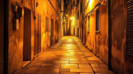 Obraz premium Golden illuminated passage between old buildings with cobblestone pavement