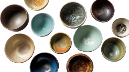 A collection of handcrafted ceramic bowls with various textures and colors, arranged artistically on a white background.