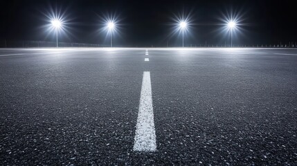 Night drive inspiration: Empty asphalt road under vibrant lights with guide line