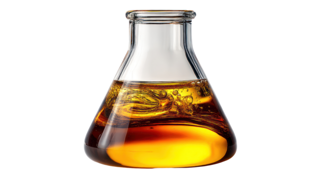 A laboratory flask filled with amber liquid on a white isolated background.