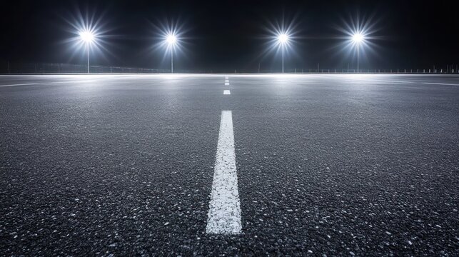 Night drive inspiration: Empty asphalt road under vibrant lights with guide line