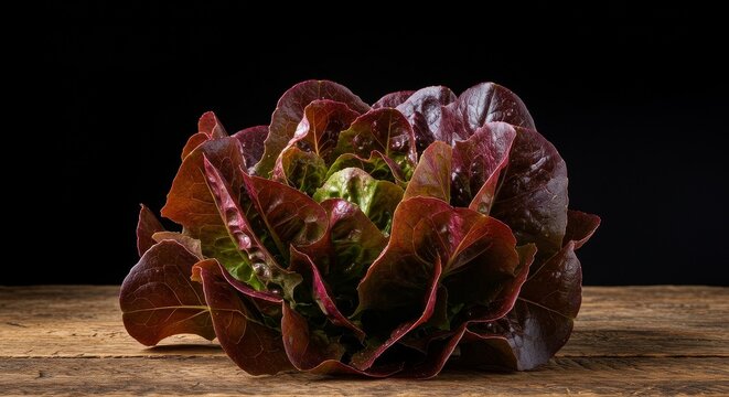 Photo of a Red Lettuce Head with Water Droplets on Wooden Surface