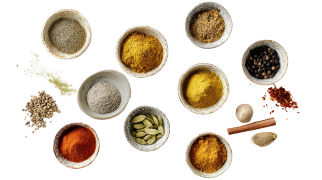 An array of spices in bowls, showcasing vibrant colors and textures against a white background.