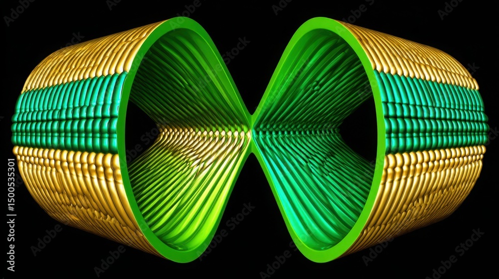 Poster two intertwined green rings symbolizing quantum-weighted fib fractal alignment analyzer in artistic 