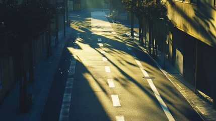 Early morning sunlight casting shadows on an empty city street scene