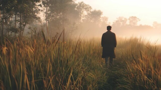Lonely figure walks through golden field towards distant trees shrouded in morning fog