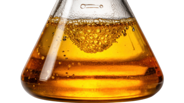 Chemical reaction in a glass flask with bubbling liquid, white isolate background.