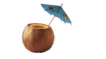 Coconut drink with little blue umbrella, isolated on white background.