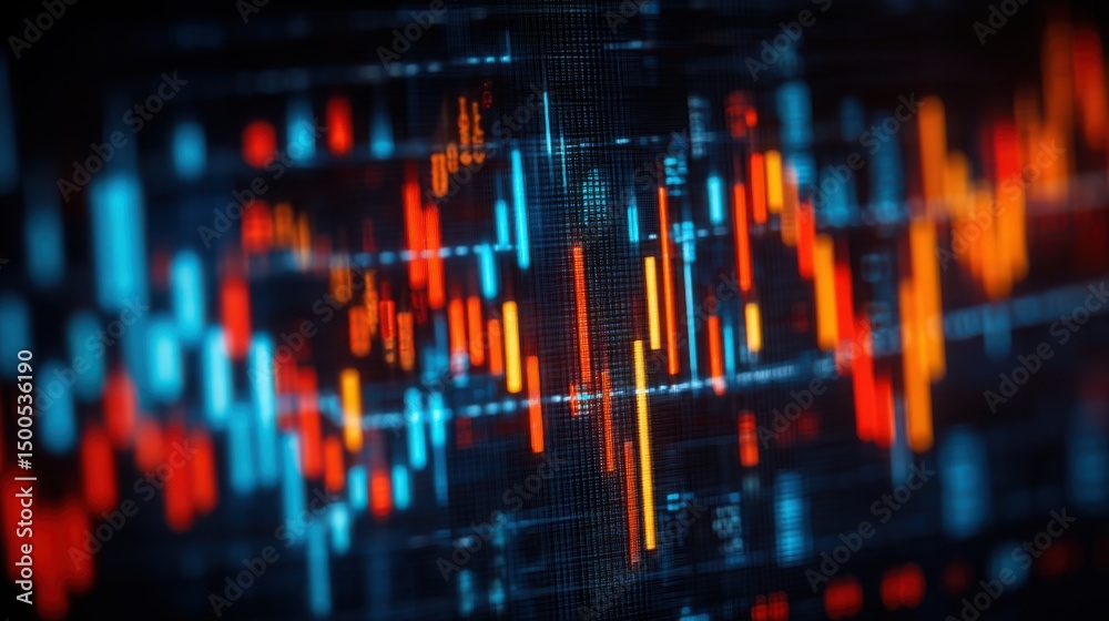 Poster a computer screen displaying a red and blue pattern representing real-time cross-market golden ratio
