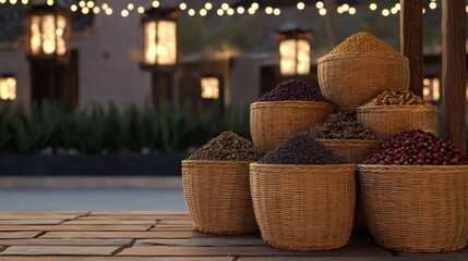 Obraz premium Cozy Corner Market with Baskets Piled High and Soft Lighting at Evening