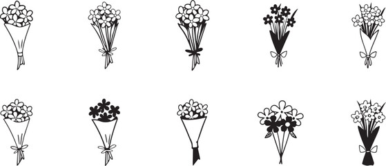 Flower Bouquet Collection. A Black and White Decorative Floral Vector Set.