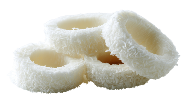 Delicious coconut fruit desserts, soft and fluffy texture on white isolated background.