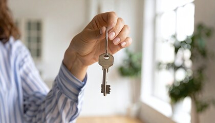 Woman holding house key indoors.