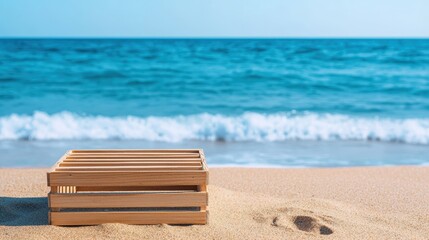 Naklejka premium Wooden crate sits on a sandy beach with gentle waves rolling in, creating a peaceful scene with copy space for text or product placement