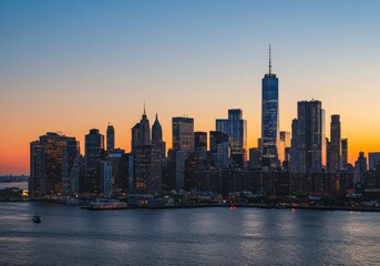Photo of a Skyline at Sunset over the Water Displaying City Buildings and Lights