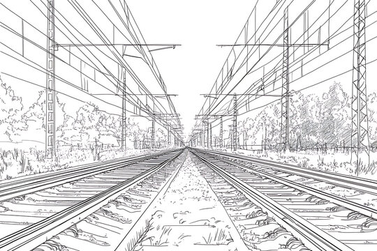 A perspective drawing of parallel railway tracks converging toward the horizon framed by utility poles