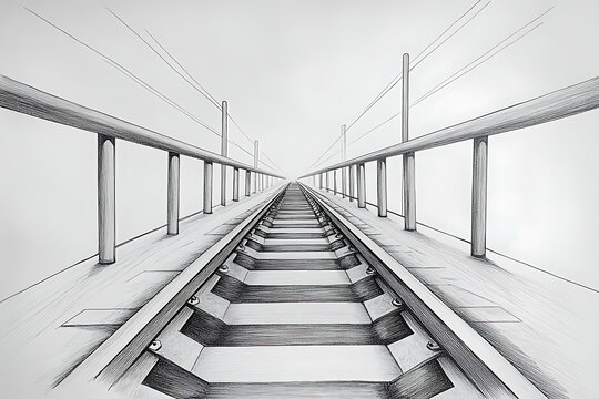 A perspective drawing of parallel railway tracks converging toward the horizon framed by utility poles