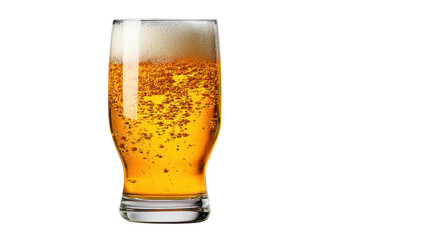 Golden beer in a glass with frothy head and bubbles, isolated on white background.
