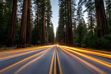 Obraz premium Majestic Redwood Trees Along Empty Road with Light Trails at Dusk