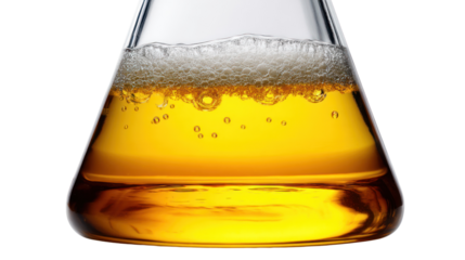 Golden liquid with bubbles in a laboratory beaker against a white background.