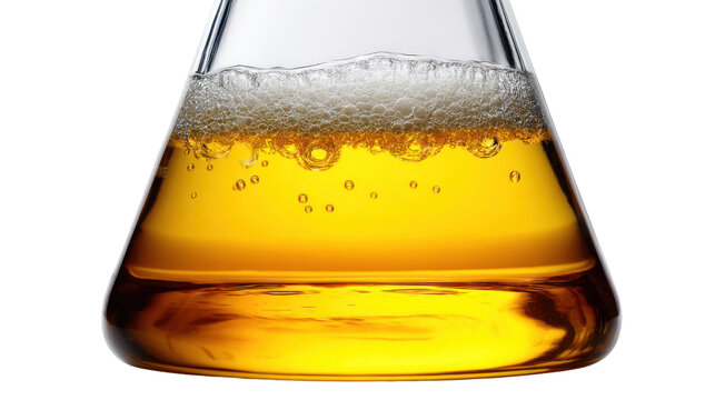 Golden liquid with bubbles in a laboratory beaker against a white background.