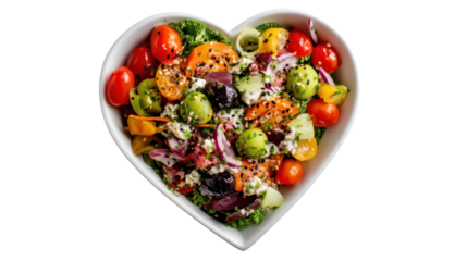 Heart-shaped bowl filled with fresh, colorful salad featuring veggies and topped with sesame seeds.
