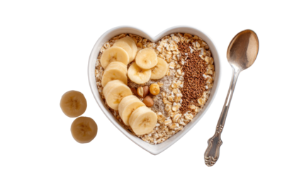 Heart-shaped bowl filled with oatmeal, banana slices, and nuts on a white background.
