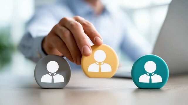 Leadership selecting from three candidate icons on a desk, representing decision-making in recruitment and choosing the right talent.