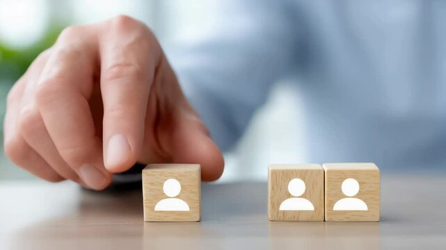 Leadership selecting from three candidate icons on a desk, representing decision-making in recruitment and choosing the right talent.
