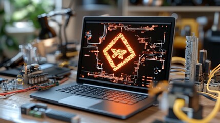 Laptop screen displaying a glowing, orange prohibition sign overlayed with circuit board patterns in a cluttered workshop setting