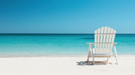 Empty white wooden beach chair on a pristine sandy shore overlooking tranquil turquoise waters, evoking a sense of peace and tropical escape