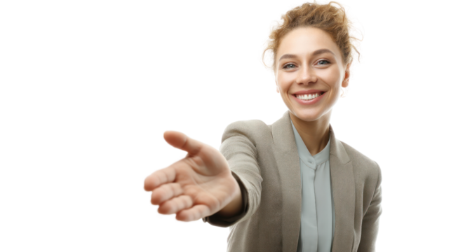 Smiling businesswoman extending hand, white isolate background