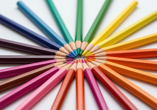Arrangement of many different colored pencils in a circular pattern design