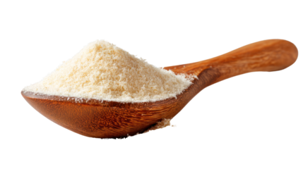 Spoon filled with fine powder, presented against a white isolated background.