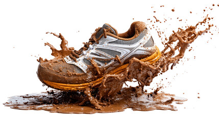 Sport shoe splashing through muddy water, dynamic motion, isolated on white background.