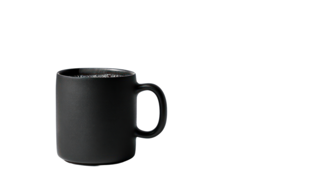 Solid black coffee mug against a white isolated background.
