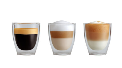 Three stylish coffee drinks in clear glasses with layered textures on a white background.
