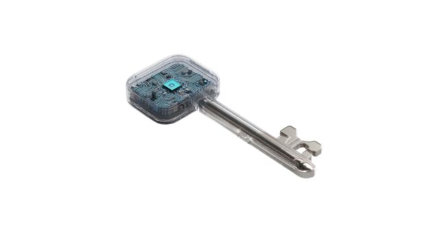 Transparent key with blue elements on a white isolated background.