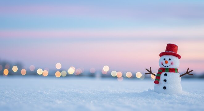 Photo of a Smiling Snowman with a Red Hat in a Snowy Landscape under a Blue Sky