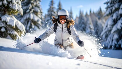 Woman Skiing Powder Snow with Winter Alps.