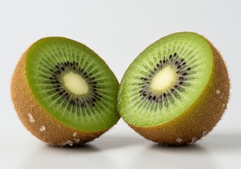 Close up view of two halved kiwis with green flesh and tiny seeds visible