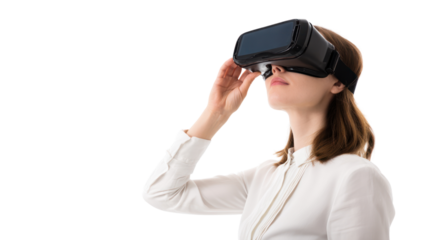 Woman experiencing virtual reality with VR headset, isolated on white background.