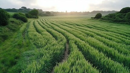 Lush green wheat field rows stretching into the distance under a sunrise