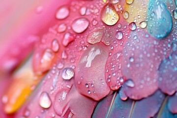 Close-up of vibrant, iridescent feathers adorned with numerous water droplets, showcasing a spectrum of pink, blue, and yellow hues.  The image displays a high level of detail and saturation