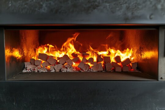 A modern, dark metal fireplace inset glows with vibrant orange and yellow flames consuming a bed of burning wood