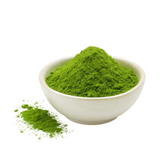 Green matcha powder in white bowl with spilled powder, fresh and vibrant texture