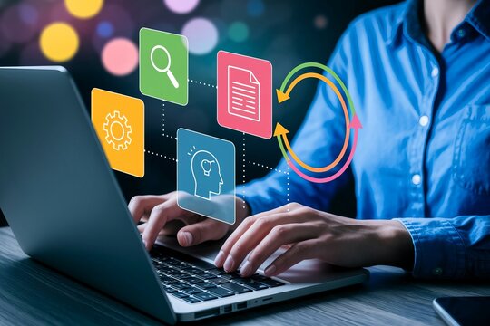 Woman using laptop with digital process icons, workflow, innovation - Powered by Adobe